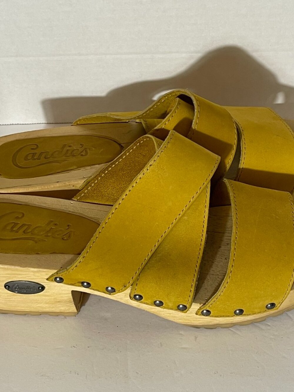 VTG 90's Candie's Yellow Leather Uppers Wooden Platform Clog Sandals Size 10